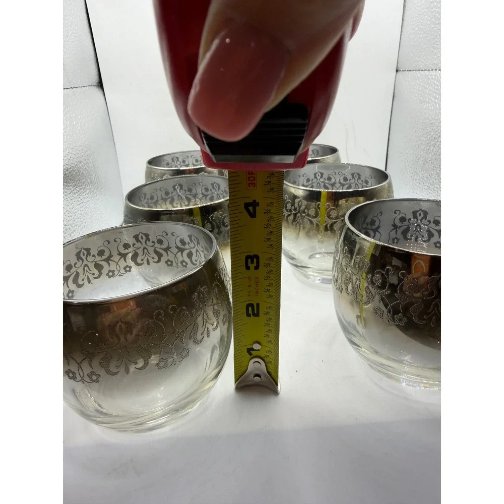 Vintage Silver Ombre Damask Filigree Lowball Whiskey Glasses Set of 6 MCM Style
